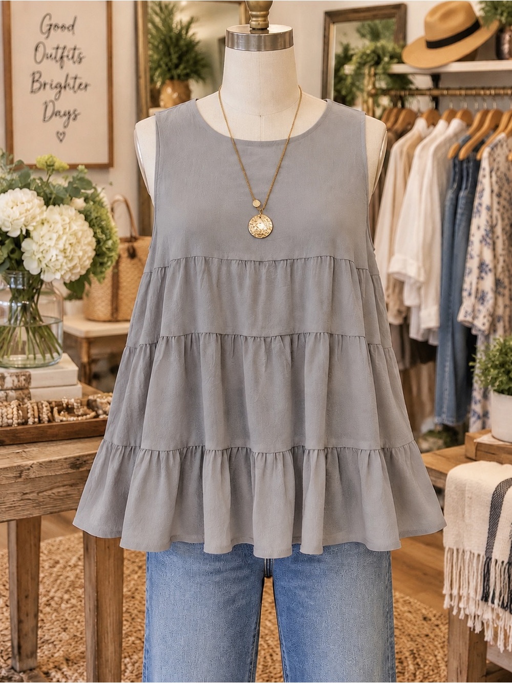 Women's Tiered Ruffle Sleeveless Tank Top - Gray